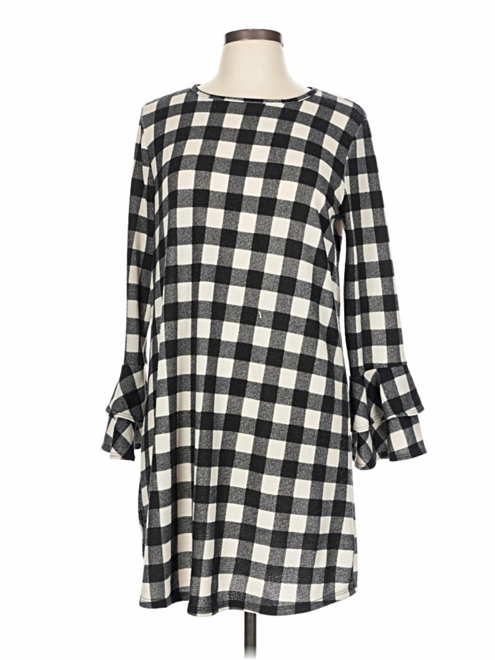 Black and White Buffalo Check Ruffle-Sleeve Dress